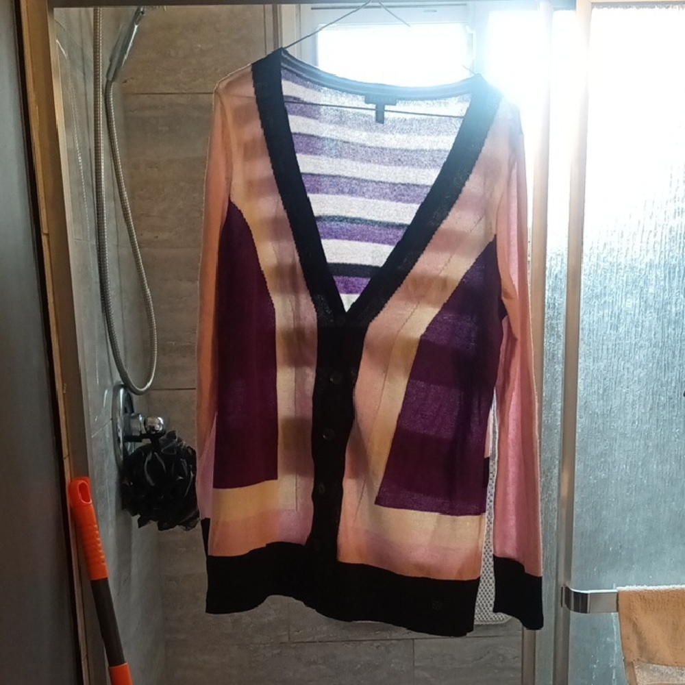 Escada Striped V-Neck Button Cardigan Sweater - Pink & Purple